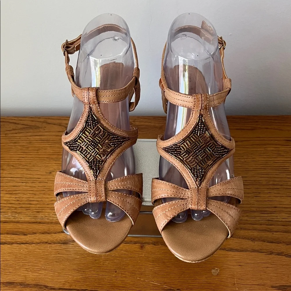 Clark Beaded Cork Wedge Leather Sandals Tan Brown Bronze Size 7.5